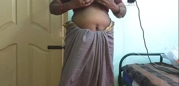  desi  indian tamil telugu kannada malayalam hindi horny cheating wife vanitha wearing grey colour saree  showing big boobs and shaved pussy press hard boobs press nip rubbing pussy masturbation